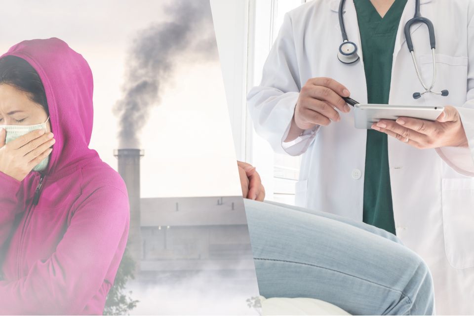 Kobieta na tle smogu i wizyta u lekarza