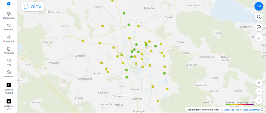 Mapa okolic Opola na stronie Airly.org. Źródło: Zrzut ekranu z Airly.org