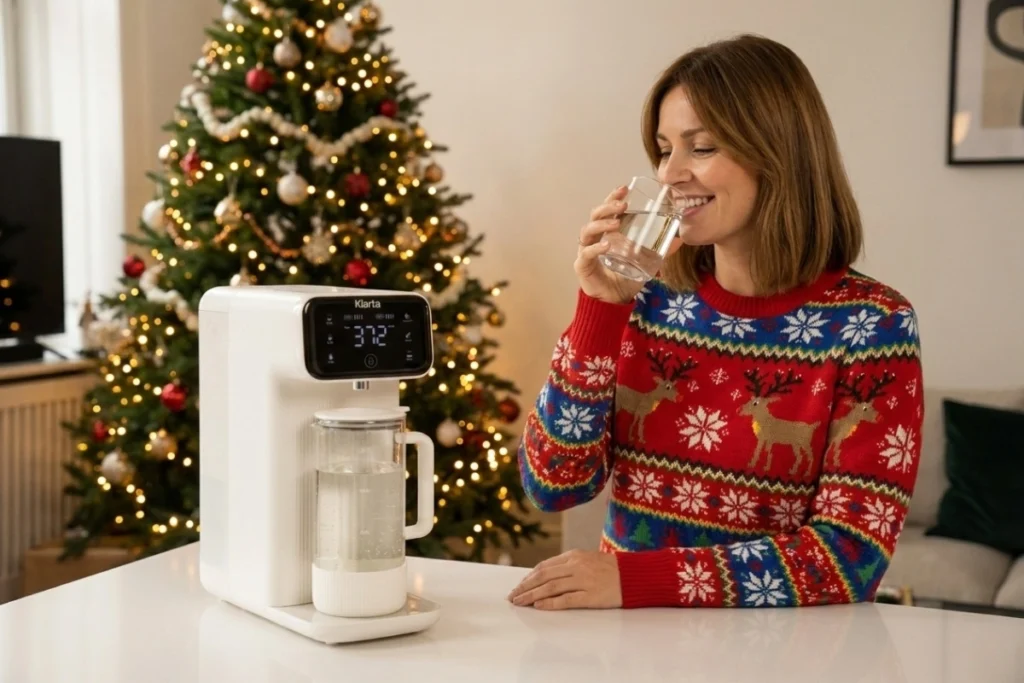 Kobieta pijąca wodę z filtra Klarta Aqva. W tle mieszkanie przygotowane na święta Bożego Narodzenia. Źródło: Klarta.pl