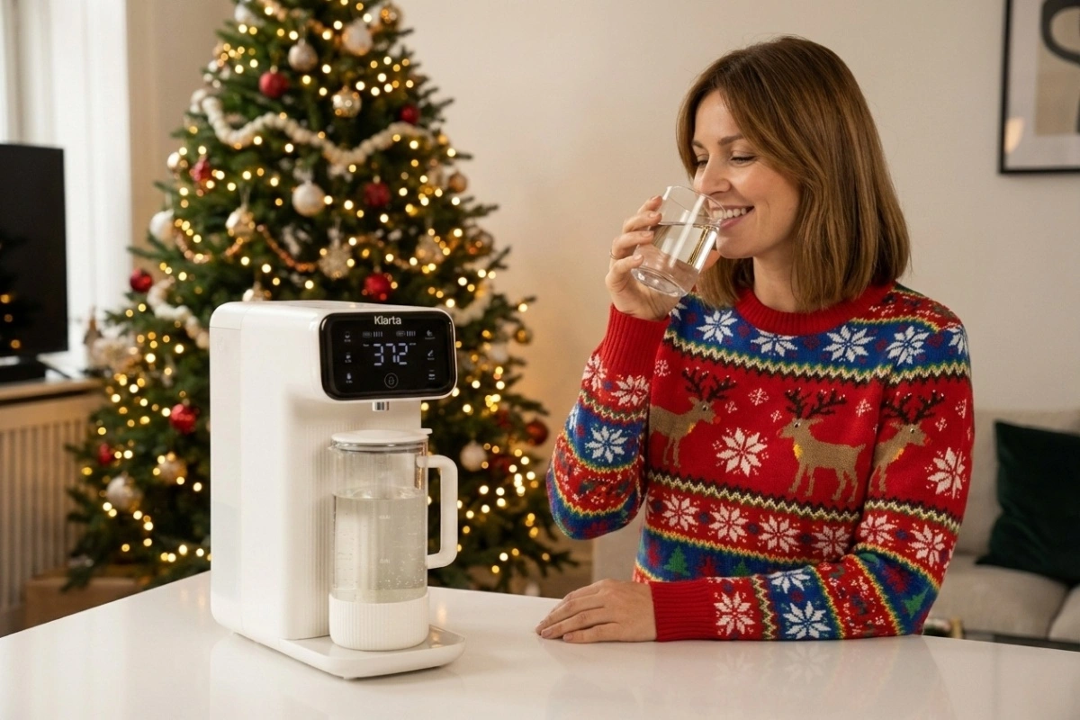 Kobieta pijąca wodę z filtra Klarta Aqva. W tle mieszkanie przygotowane na święta Bożego Narodzenia. Źródło: Klarta.pl