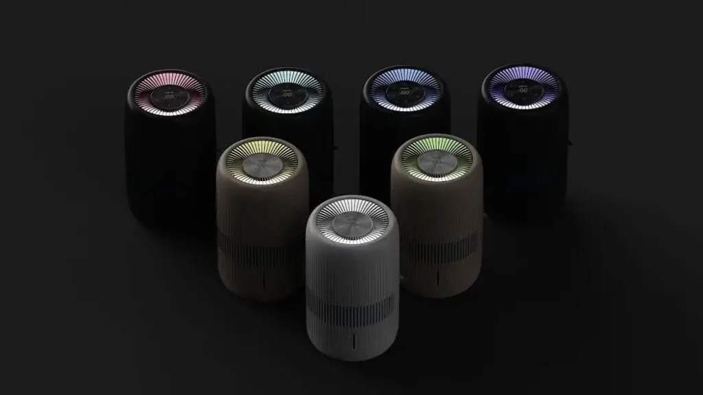 Prezentacja różnych wariantów podświetlenia nawilżacza Klarta Humea Grande WiFi. Żródło: Klarta.pl