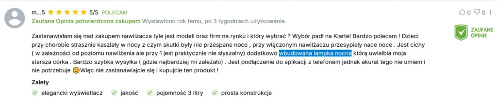 Wbudowana lampka nocna. Źródło: Zrzut ekranu ze strony Ceneo.pl
