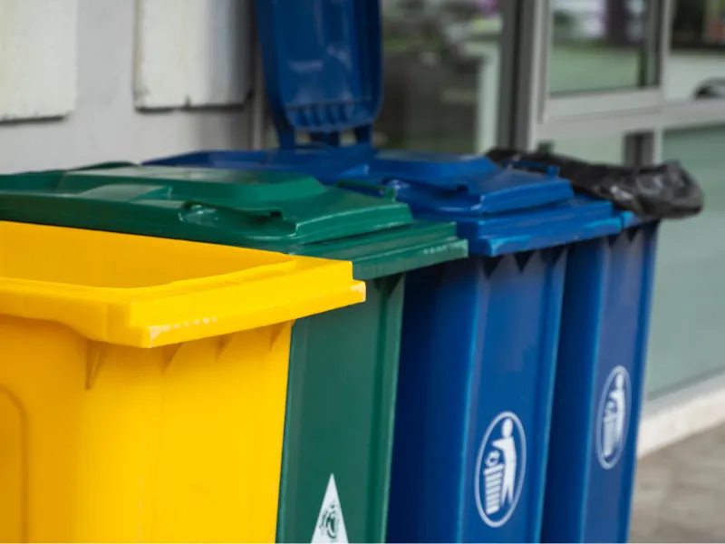 Zróżnicowane kontenery do segregacji odpadów. Od lewej: pojemnik na tworzywa sztuczne (zółty), następnie odpady zmieszane (ciemnozielony) i papier (niebieski). Źródło: Canva.com
