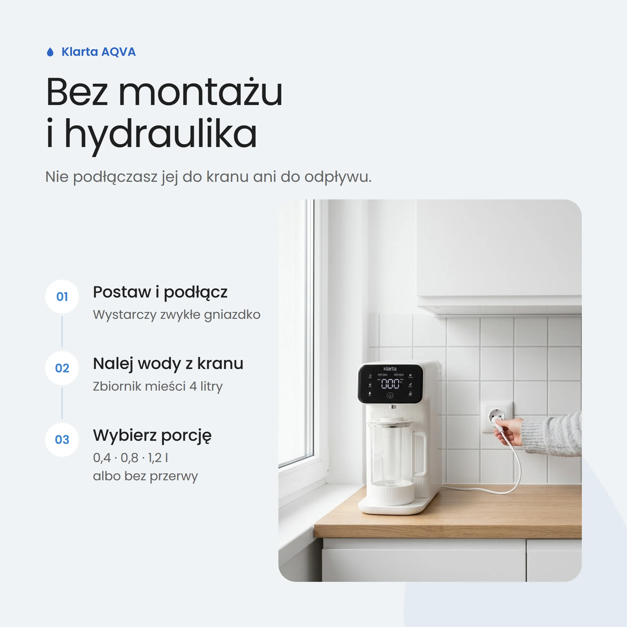 Klarta AQVA bez montażu – wystarczy gniazdko i woda z kranu