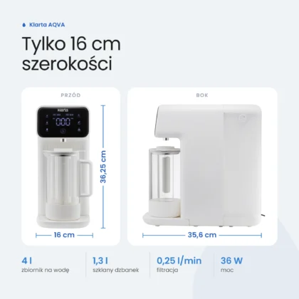 Wymiary Klarta AQVA: 16 cm szerokości, 35,6 cm długości, 36,25 cm wysokości