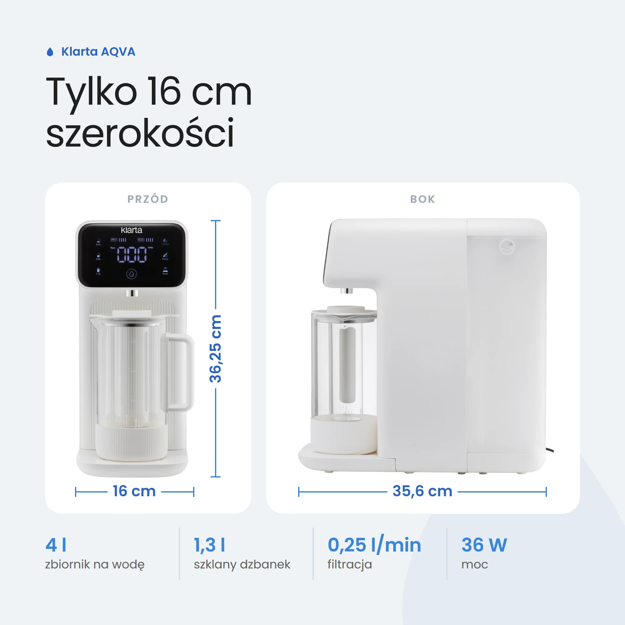Wymiary Klarta AQVA: 16 cm szerokości, 35,6 cm długości, 36,25 cm wysokości