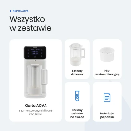 Zestaw Klarta AQVA: urządzenie z filtrami, szklany dzbanek, filtr remineralizacyjny, cylinder na owoce, instrukcja