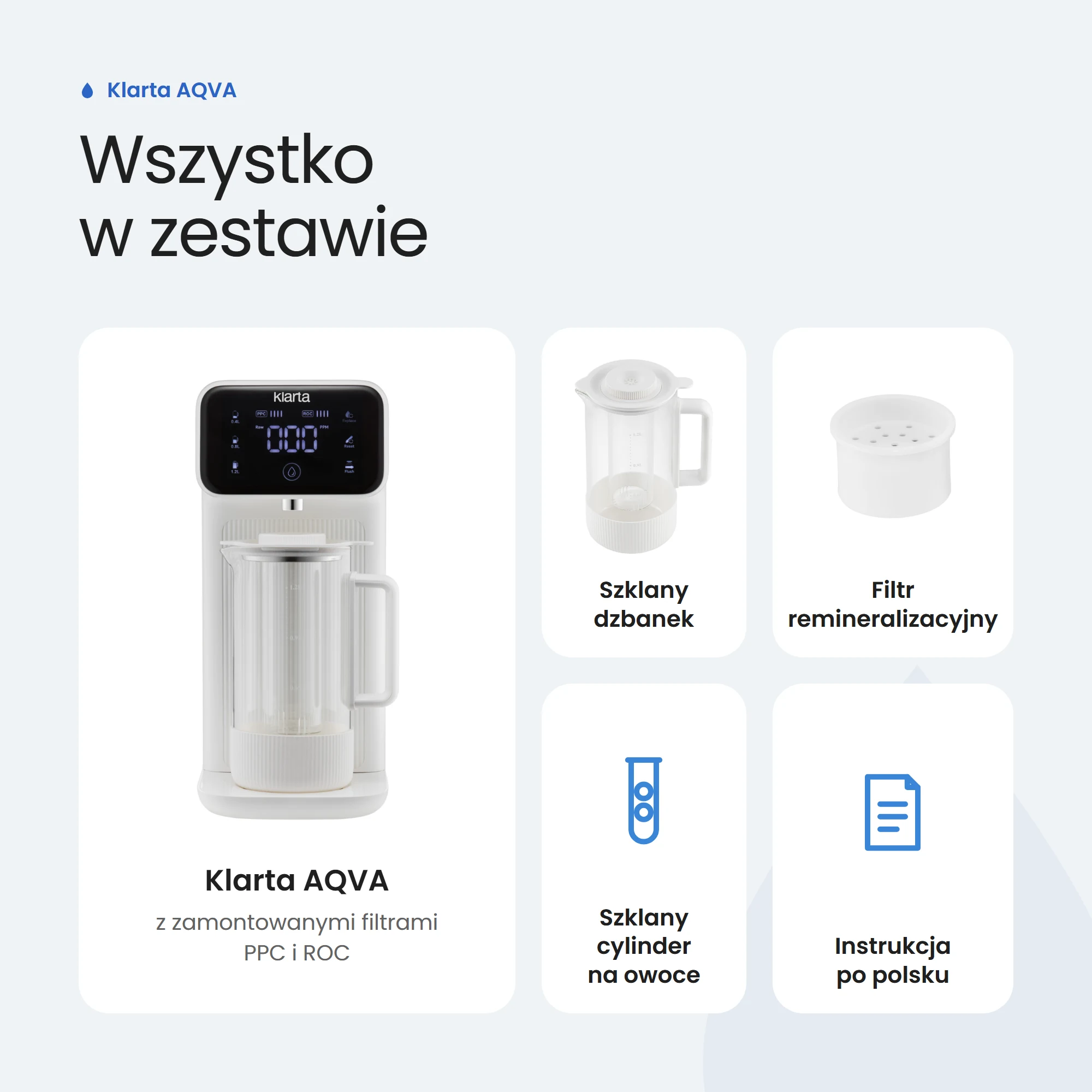 Zestaw Klarta AQVA: urządzenie z filtrami, szklany dzbanek, filtr remineralizacyjny, cylinder na owoce, instrukcja