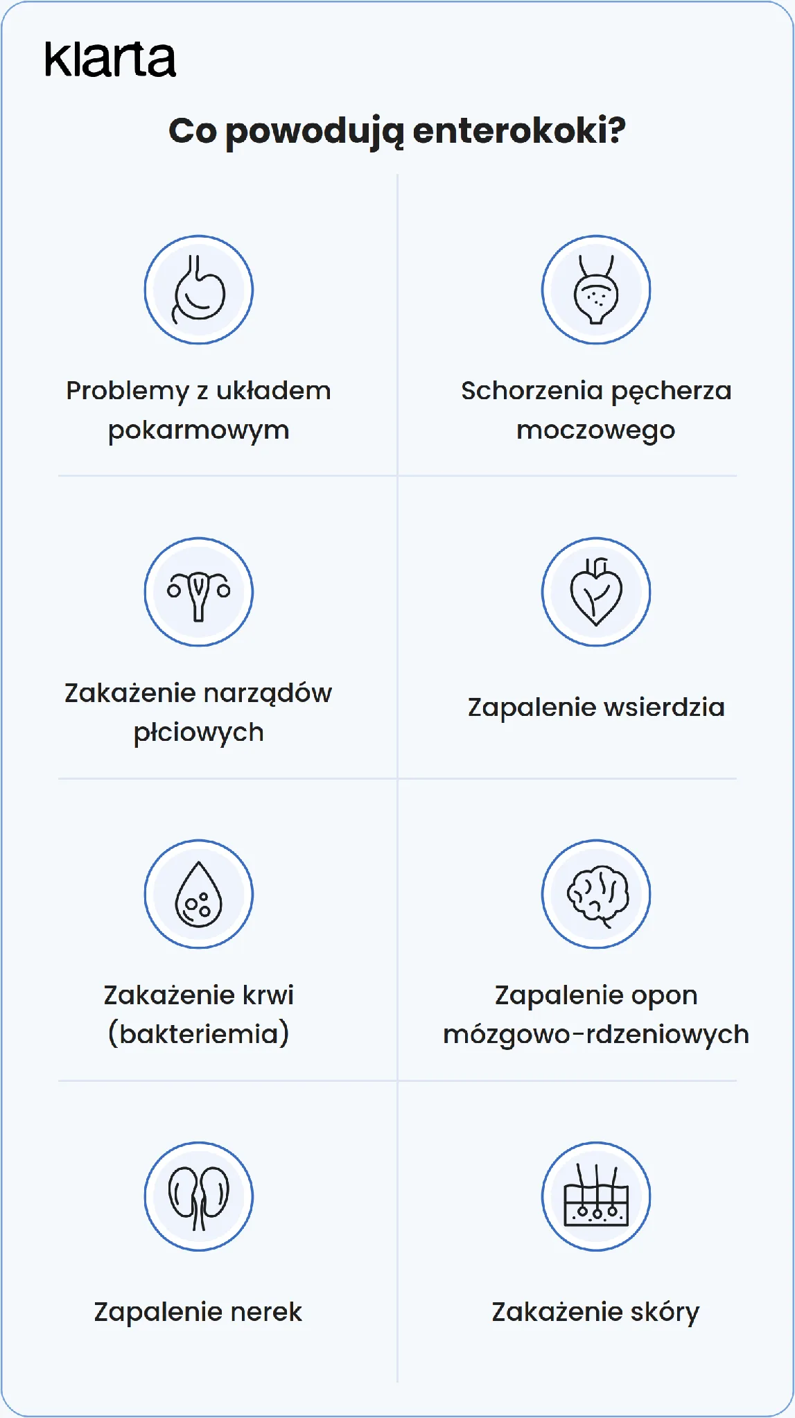 Infografika Klarta: co powodują enterokoki – choroby układu pokarmowego, moczowego, zapalenie wsierdzia, nerek, opon mózgowo-rdzeniowych